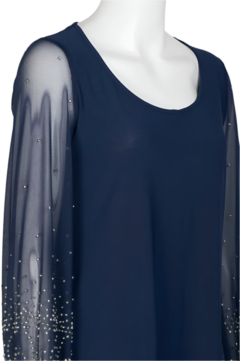 Marina Scoop Neck Embellished Chiffon Long Sleeve Slit Side Top and Elastic Mid Waist Wide Leg Jersey Two Piece Pant Set