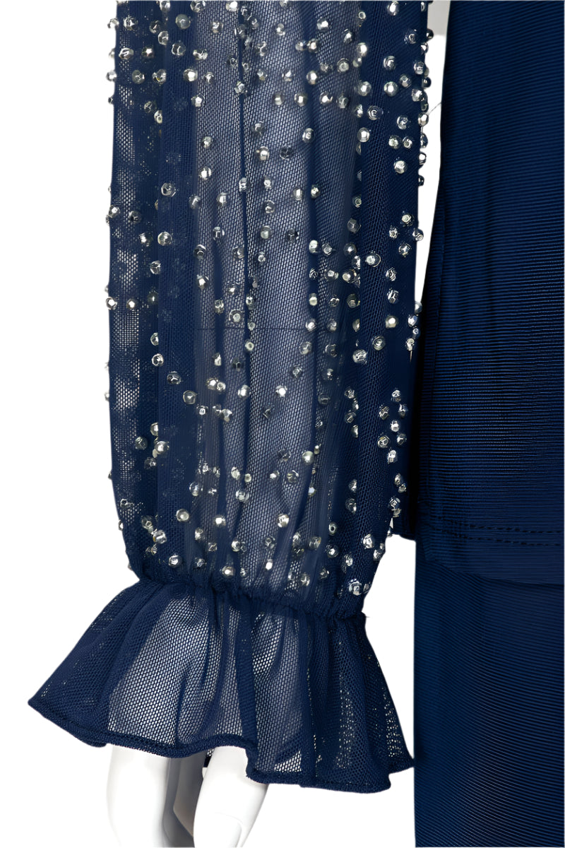 Marina Scoop Neck Embellished Chiffon Long Sleeve Slit Side Top and Elastic Mid Waist Wide Leg Jersey Two Piece Pant Set