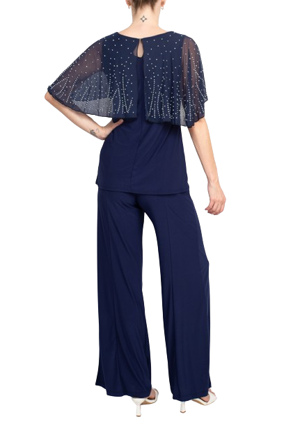 Marina Boat Neck Embellished Capelet Sleeve Solid Top and Elastic Mid Waist Wide Leg Pant Set
