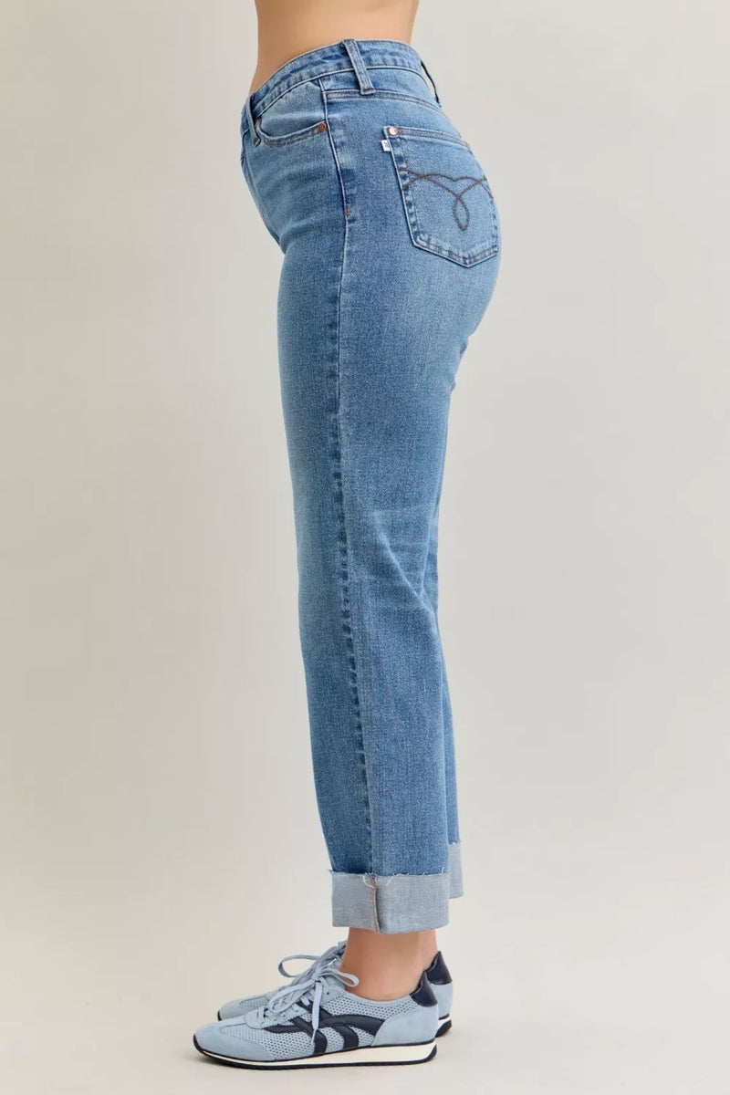 Judy Blue High Waist Bf Criss-cross Mild Destroy Jeans with Single Cuff