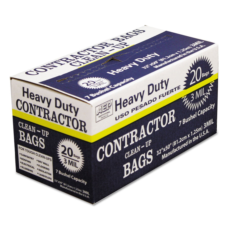 AEP Heavy-Duty Contractor Clean-Up Bags, 60 gal, 3 mil, 32" x 50", Black, 20/Carton