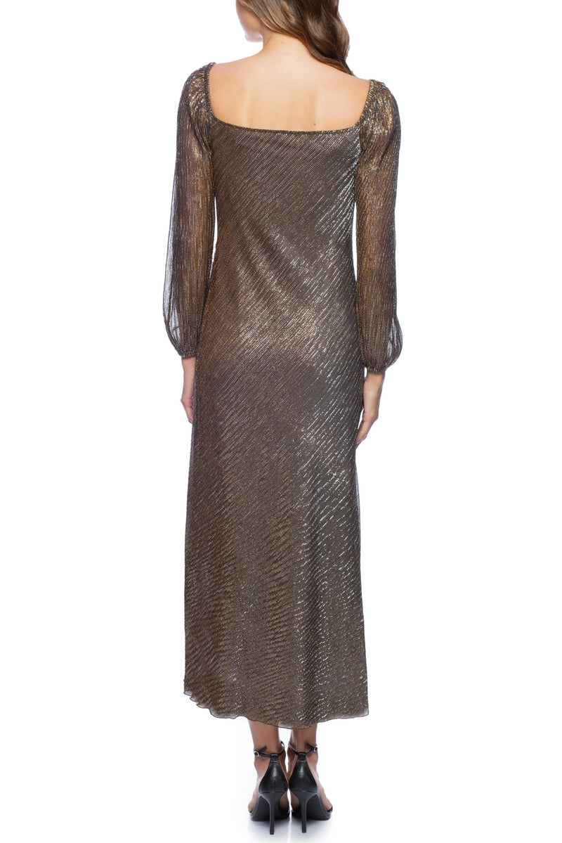 Marina Bronze Metallic Square Cowl Neckline Long Sleeves Elastic Cuffs Dress