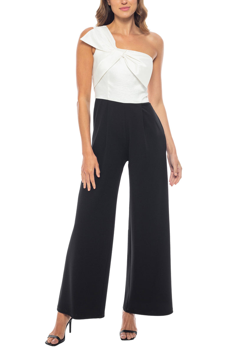 Marina One Shoulder Sleeveless Crepe Wide Leg Pant Taffecta Jumpsuit