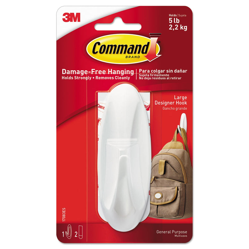Command General Purpose Hooks, Large, 5 lb Cap, White, 1 Hook and 2 Strips/Pack