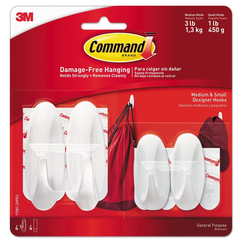 Command General Purpose Designer Hooks, Small/Medium, 3 lb Cap, White, 4 Hooks and 4 Strips/Pack