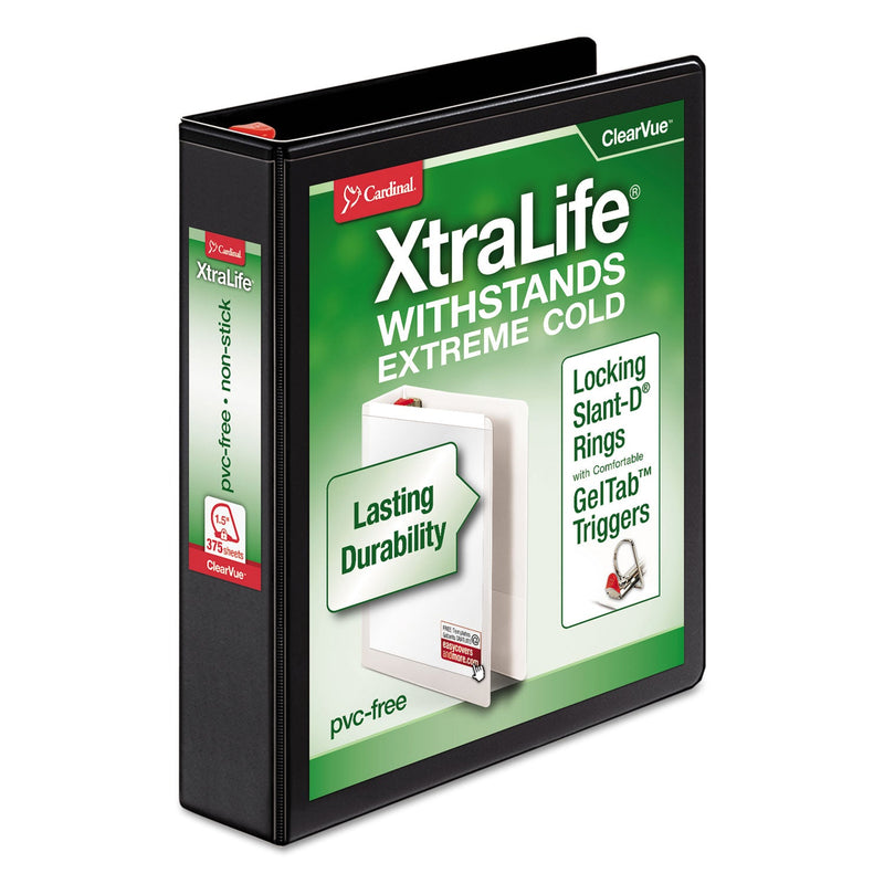 Cardinal XtraLife ClearVue Non-Stick Locking Slant-D Ring Binder, 3 Rings, 1.5" Capacity, 11 x 8.5, Black