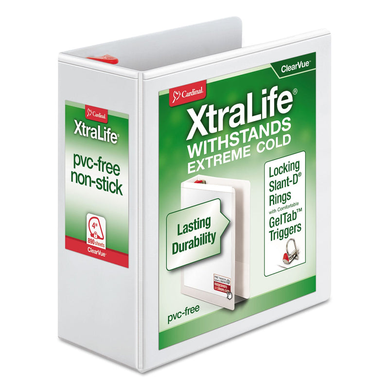Cardinal XtraLife ClearVue Non-Stick Locking Slant-D Ring Binder, 3 Rings, 4" Capacity, 11 x 8.5, White
