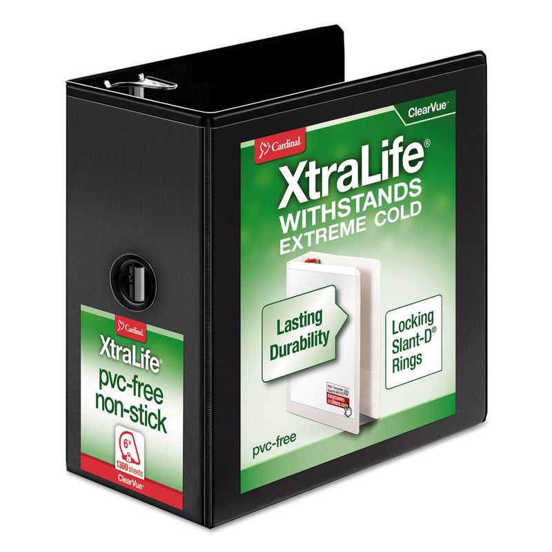 Cardinal XtraLife ClearVue Non-Stick Locking Slant-D Ring Binder, 3 Rings, 6" Capacity, 11 x 8.5, Black