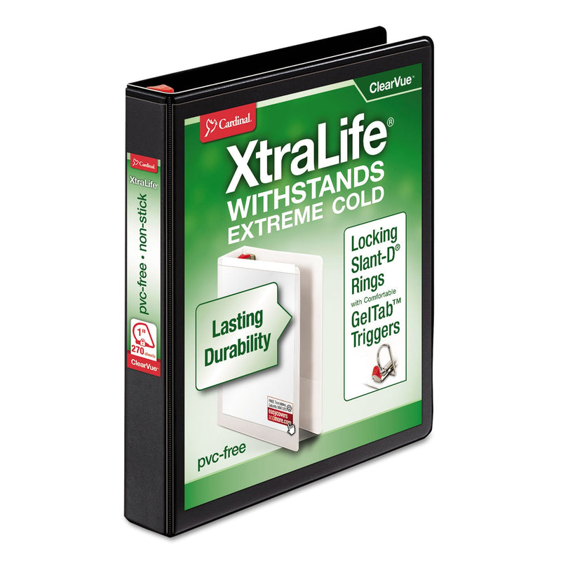 Cardinal XtraLife ClearVue Non-Stick Locking Slant-D Ring Binder, 3 Rings, 1" Capacity, 11 x 8.5, Black