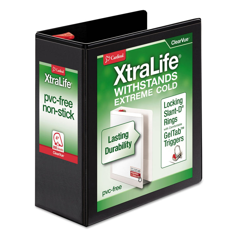 Cardinal XtraLife ClearVue Non-Stick Locking Slant-D Ring Binder, 3 Rings, 4" Capacity, 11 x 8.5, Black