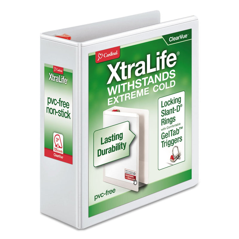 Cardinal XtraLife ClearVue Non-Stick Locking Slant-D Ring Binder, 3 Rings, 3" Capacity, 11 x 8.5, White