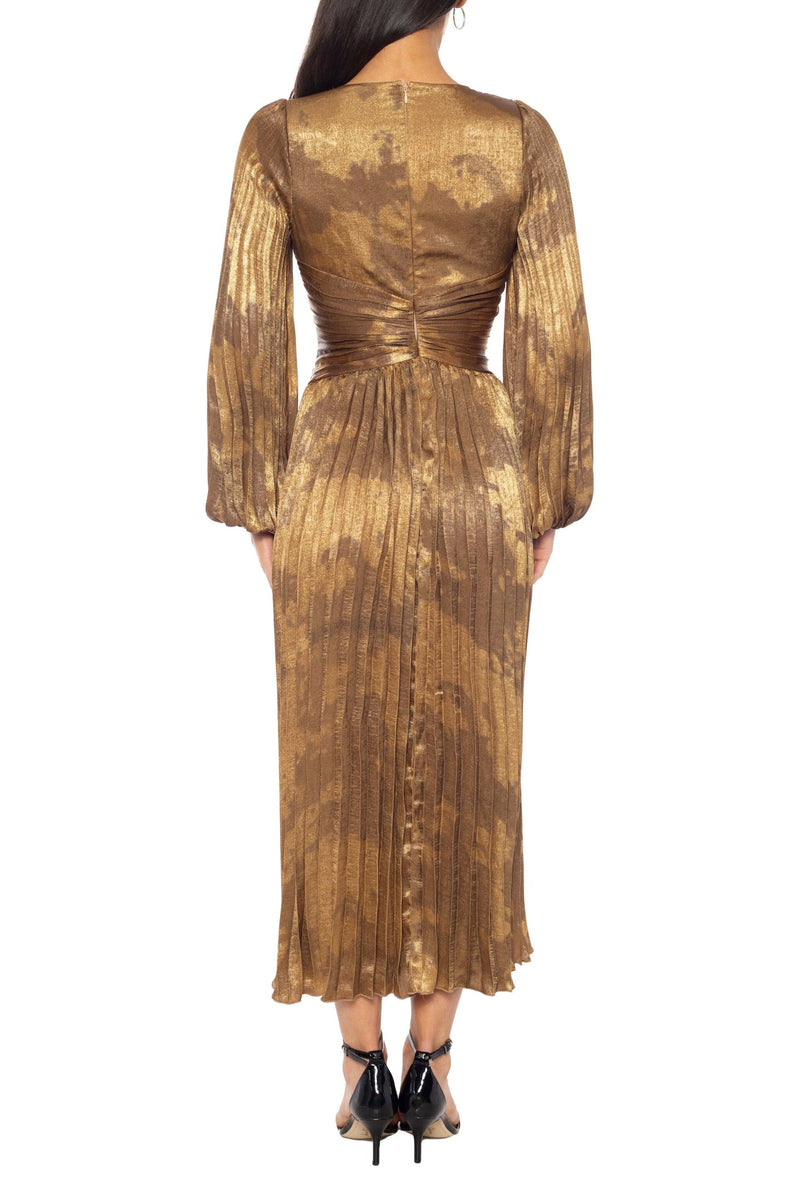 Marina V-Neckline Long Puff Sleeves Zipper Closure Pleated Blouson Midi Dress