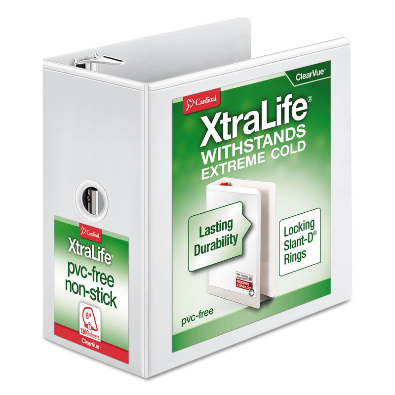 Cardinal XtraLife ClearVue Non-Stick Locking Slant-D Ring Binder, 3 Rings, 6" Capacity, 11 x 8.5, White