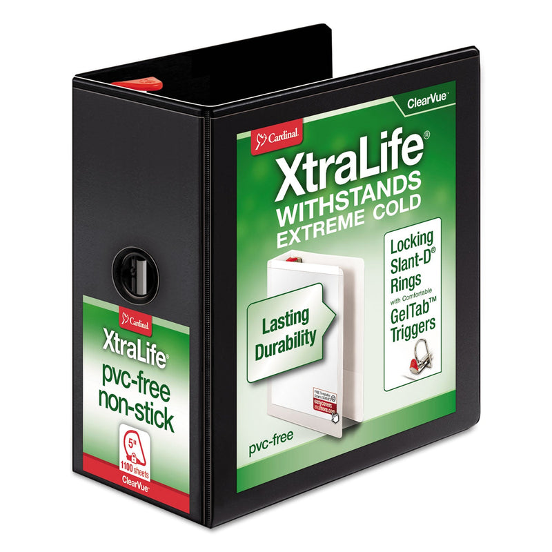 Cardinal XtraLife ClearVue Non-Stick Locking Slant-D Ring Binder, 3 Rings, 5" Capacity, 11 x 8.5, Black