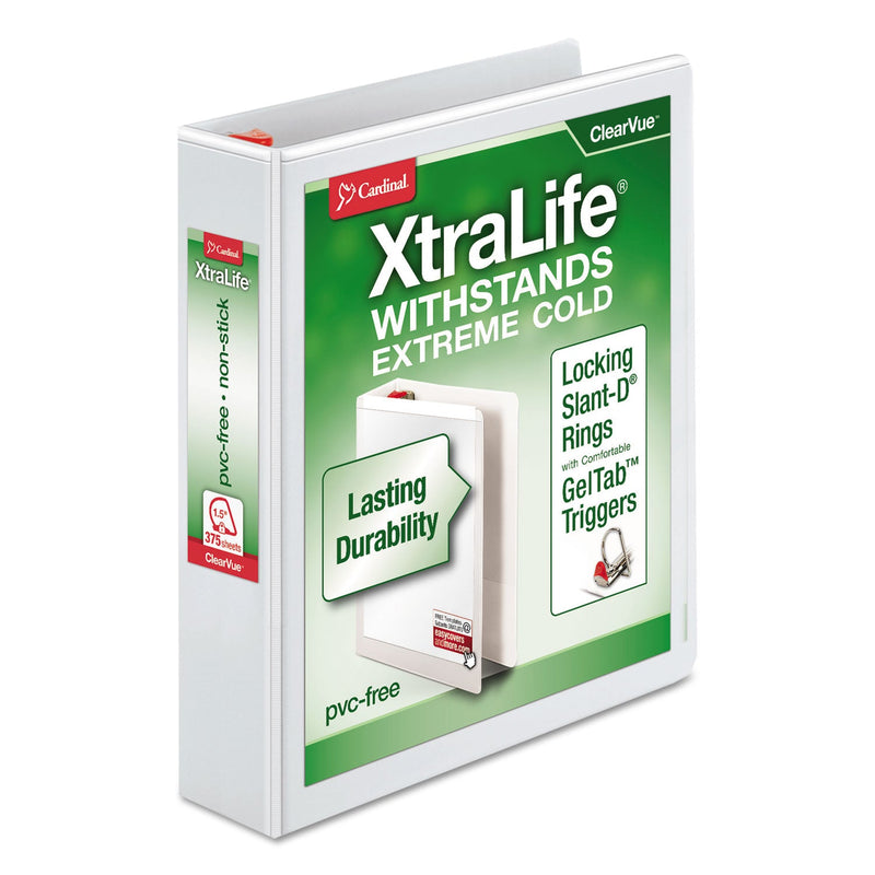 Cardinal XtraLife ClearVue Non-Stick Locking Slant-D Ring Binder, 3 Rings, 1.5" Capacity, 11 x 8.5, White
