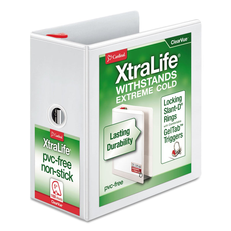 Cardinal XtraLife ClearVue Non-Stick Locking Slant-D Ring Binder, 3 Rings, 5" Capacity, 11 x 8.5, White