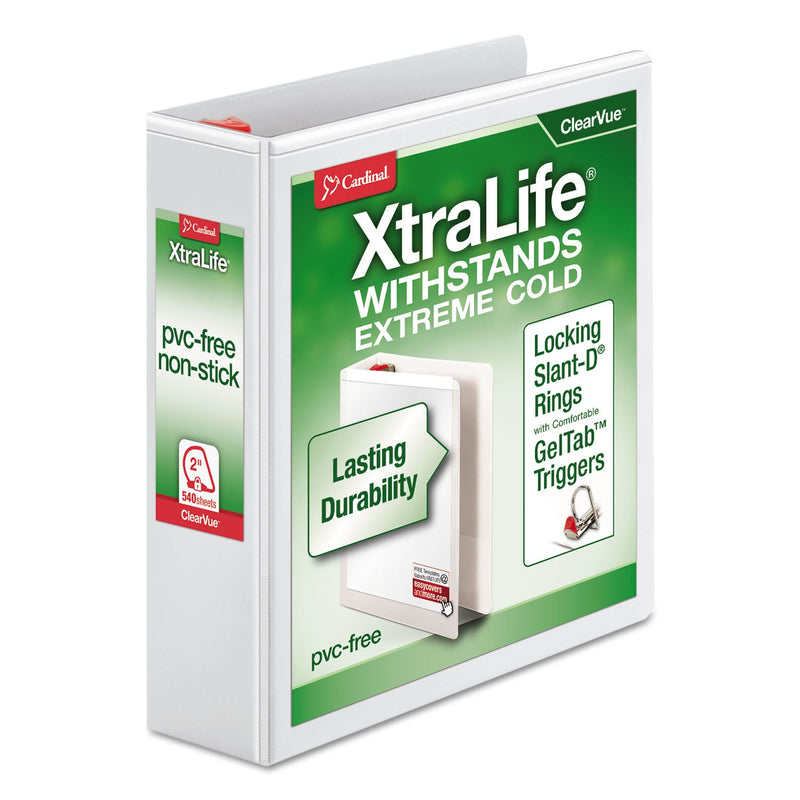 Cardinal XtraLife ClearVue Non-Stick Locking Slant-D Ring Binder, 3 Rings, 2" Capacity, 11 x 8.5, White