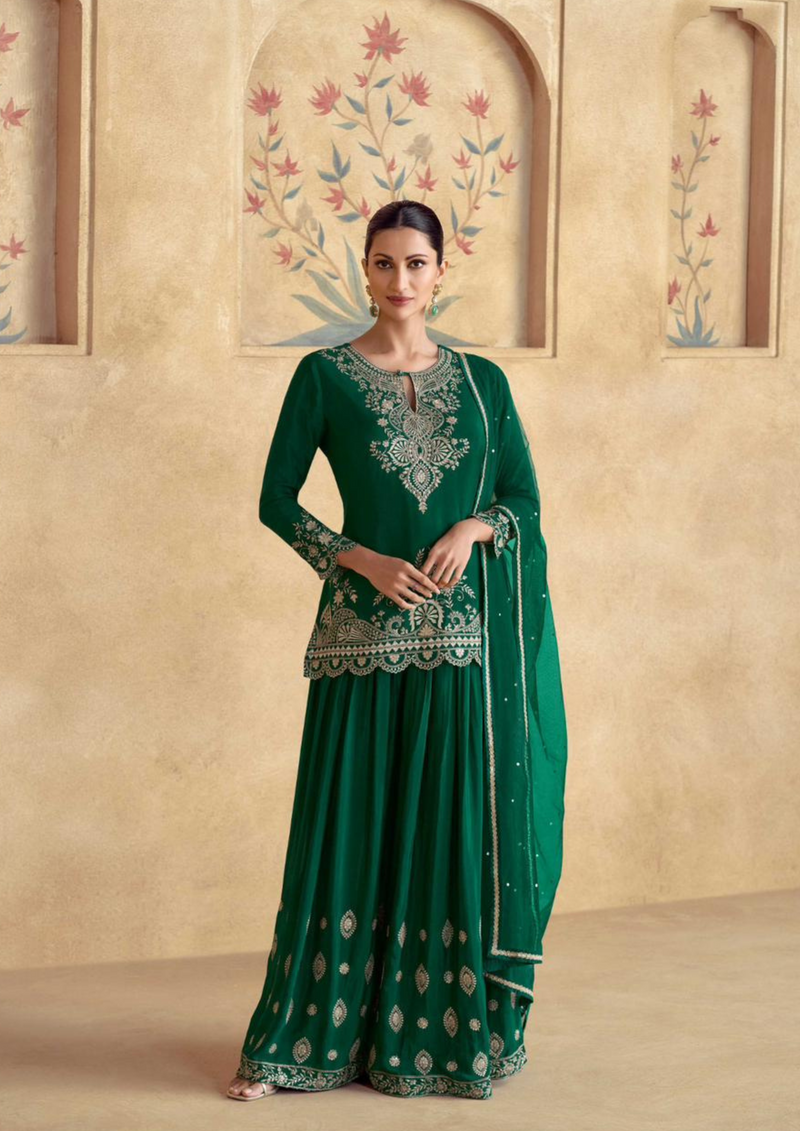 Green Premium Chinnon Silk Festive Sharara Suit Set