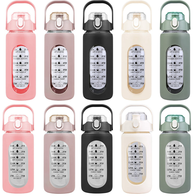 34Oz Glass Water Bottle Sports Water Bottle Motivational Water Bottle Water Intake Tracker Bottle with Straw Time Marker Silicone Sleeve Handle for Gy
