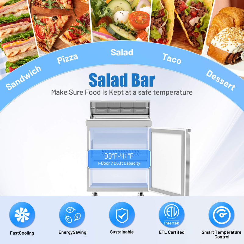 27-Inch 7.4 Cu.Ft Commercial Stainless Steel Sandwich Salad Prep Table Refrigerator (SAK84120)