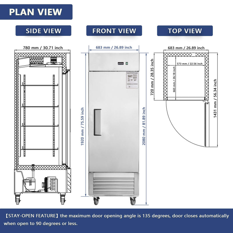 Heavy-Duty 27-Inch 8.7 Cu.Ft Commercial Upright Stainless Steel Reach-In Freezer (SAK43815)