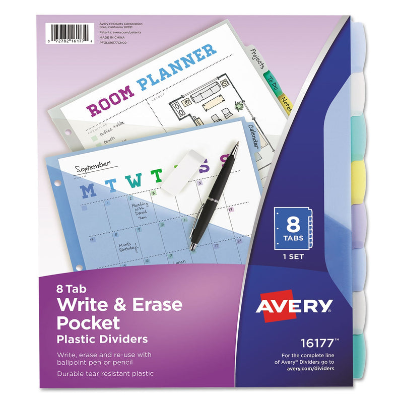 Avery Write and Erase Durable Plastic Dividers with Slash Pocket, 3-Hold Punched, 8-Tab, 11.13 x 9.25, Assorted, 1 Set