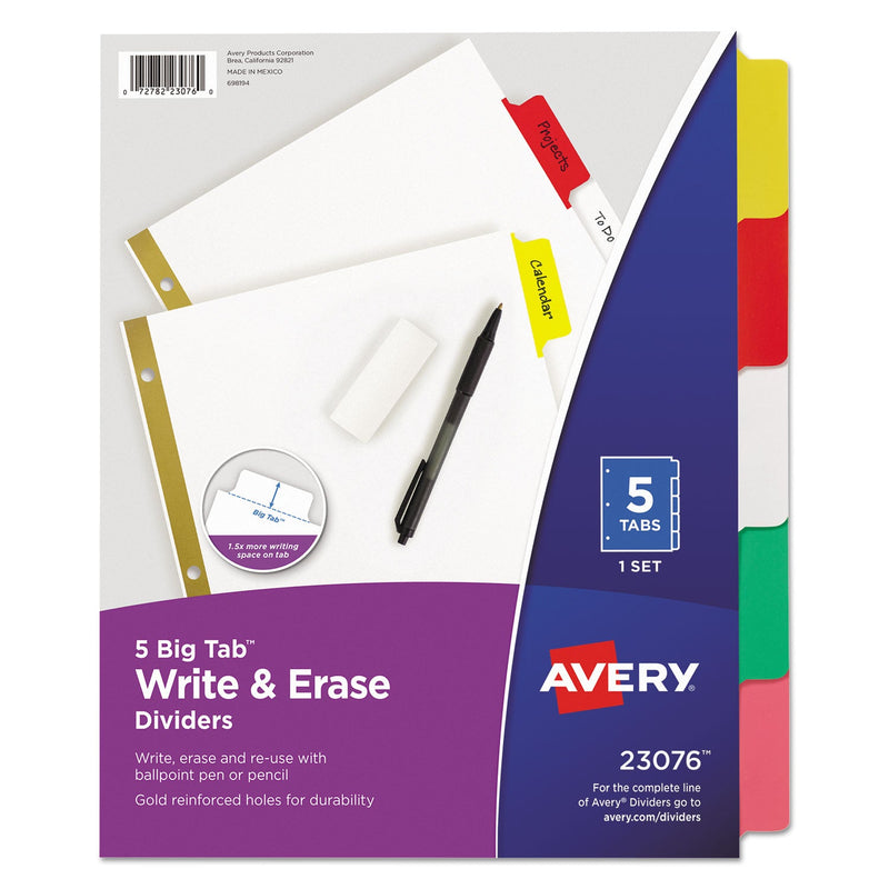 Avery Write and Erase Big Tab Paper Dividers, 5-Tab, 11 x 8.5, White, Assorted Tabs, 1 Set