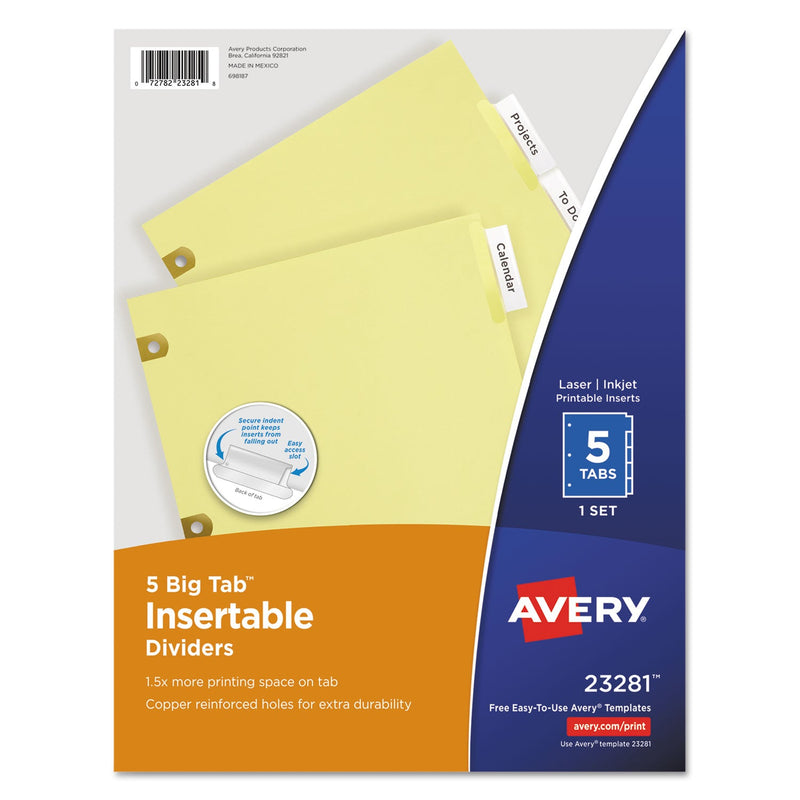 Avery Insertable Big Tab Dividers, 5-Tab, Single-Sided Copper Edge Reinforcing, 11 x 8.5, Buff, Clear Tabs, 1 Set