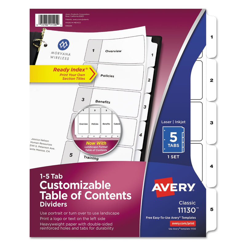 Avery Customizable TOC Ready Index Black and White Dividers, 5-Tab, 1 to 5, 11 x 8.5, 1 Set