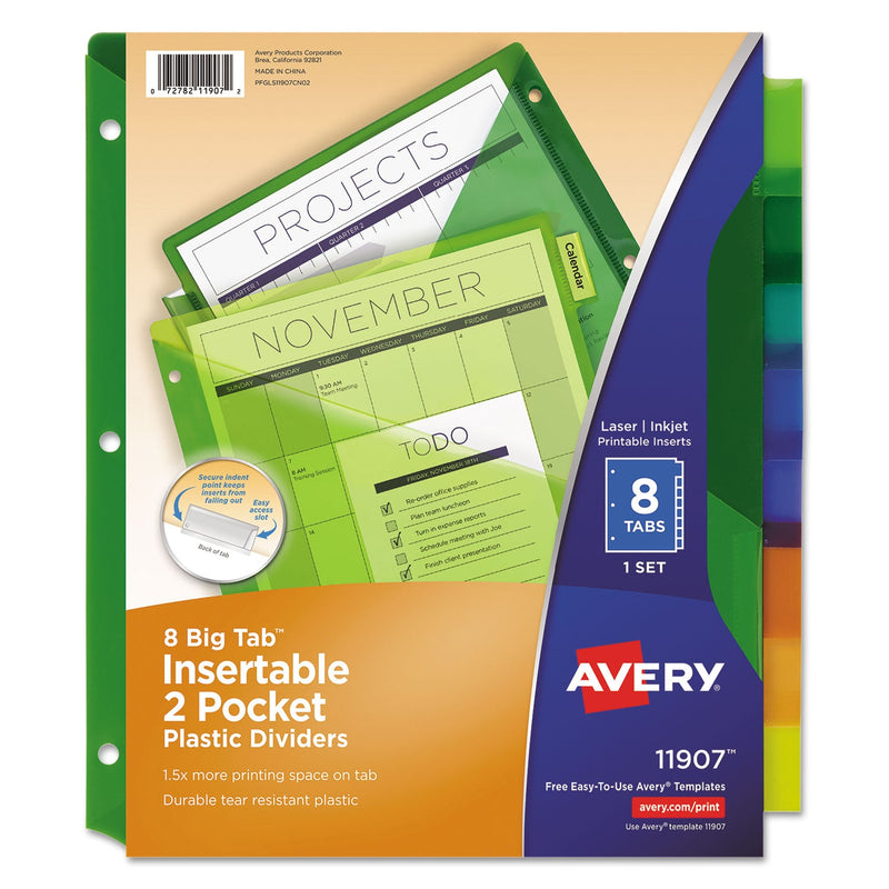 Avery Insertable Big Tab Plastic 2-Pocket Dividers, 8-Tab, 11.13 x 9.25, Assorted, 1 Set