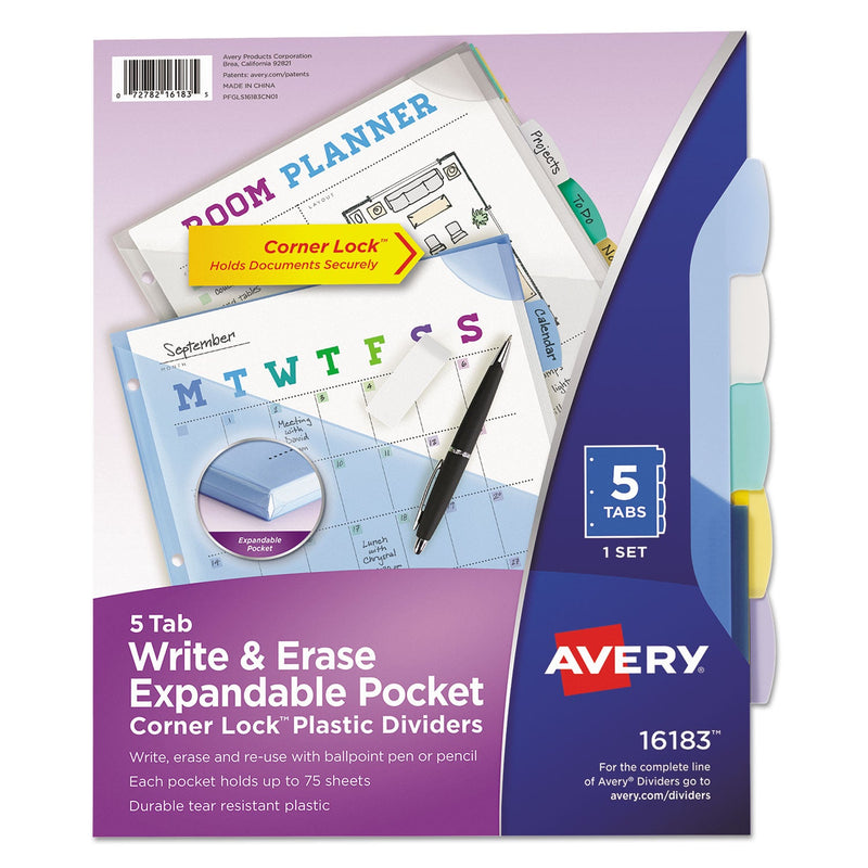 Avery Write and Erase Big Tab Durable Plastic Dividers, Expandable Pocket, 3-Hole Punched, 5-Tab, 11 x 8.5, Assorted, 1 Set