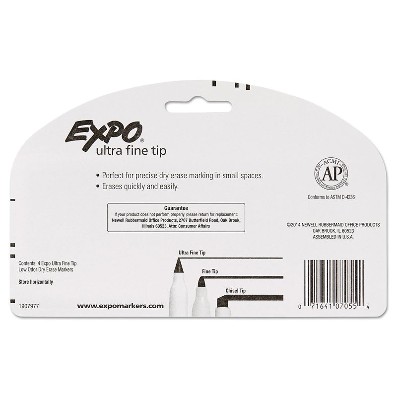 EXPO Low-Odor Dry-Erase Marker, Extra-Fine Needle Tip, Black, 4/Pack