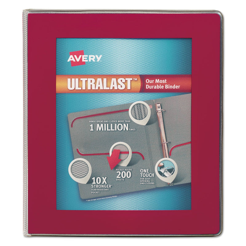 Avery UltraLast Heavy-Duty View Binder with One Touch Slant Rings, 3 Rings, 1" Capacity, 11 x 8.5, Red