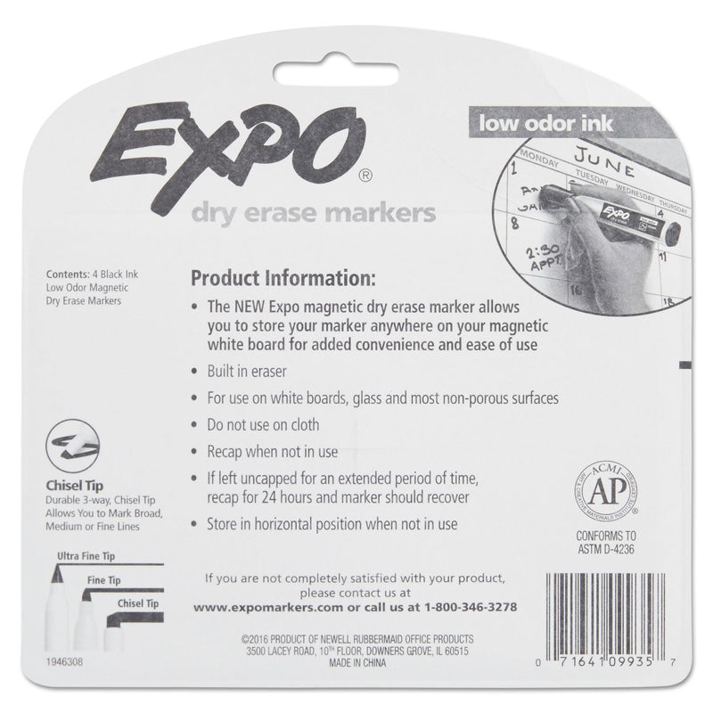 EXPO Magnetic Dry Erase Marker, Broad Chisel Tip, Black, 4/Pack