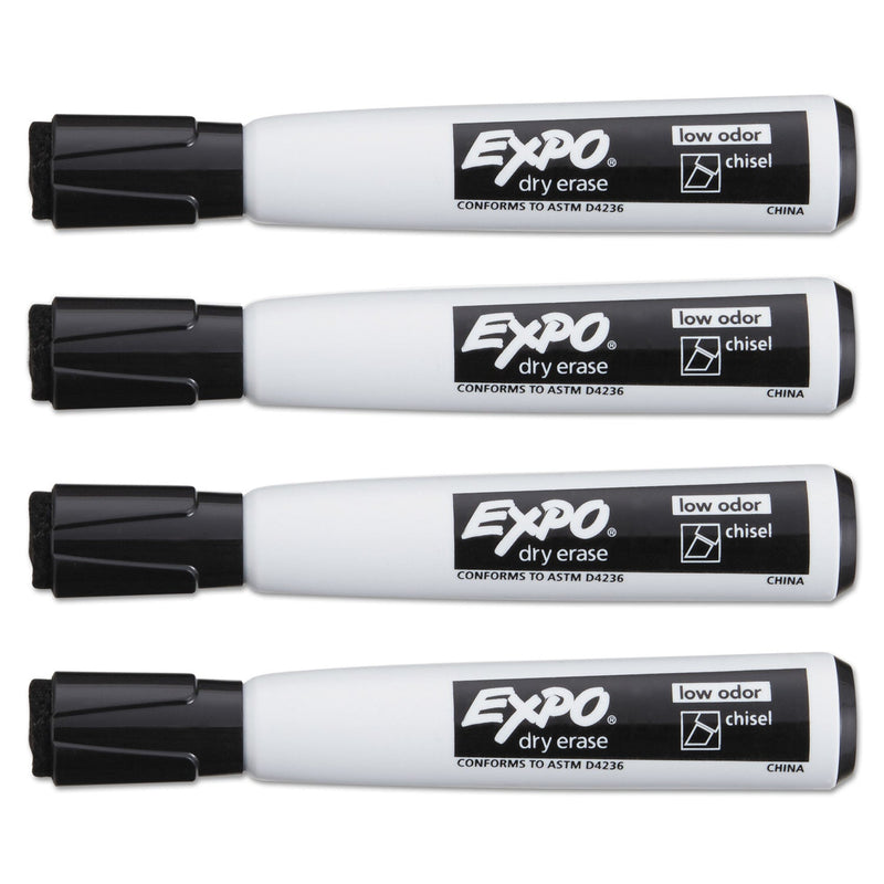 EXPO Magnetic Dry Erase Marker, Broad Chisel Tip, Black, 4/Pack