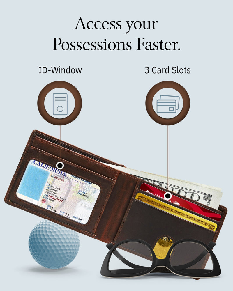 Genuine Leather Pull-Strap Bifold Wallet – Holds 7 Cards, RFID Blocking