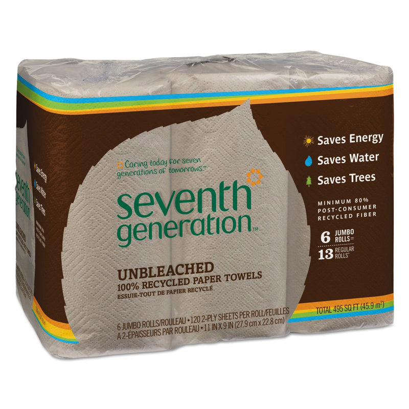Seventh Generation Natural Unbleached 100% Recycled Paper Kitchen Towel Rolls, 2-Ply, 11 x 9, 120/Roll, 6 Rolls/Pack