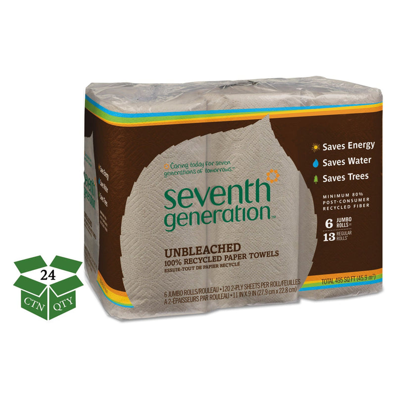 Seventh Generation Natural Unbleached 100% Recycled Paper Kitchen Towel Rolls, 2-Ply, 11 x 9, 120/Roll, 24 Rolls/Carton