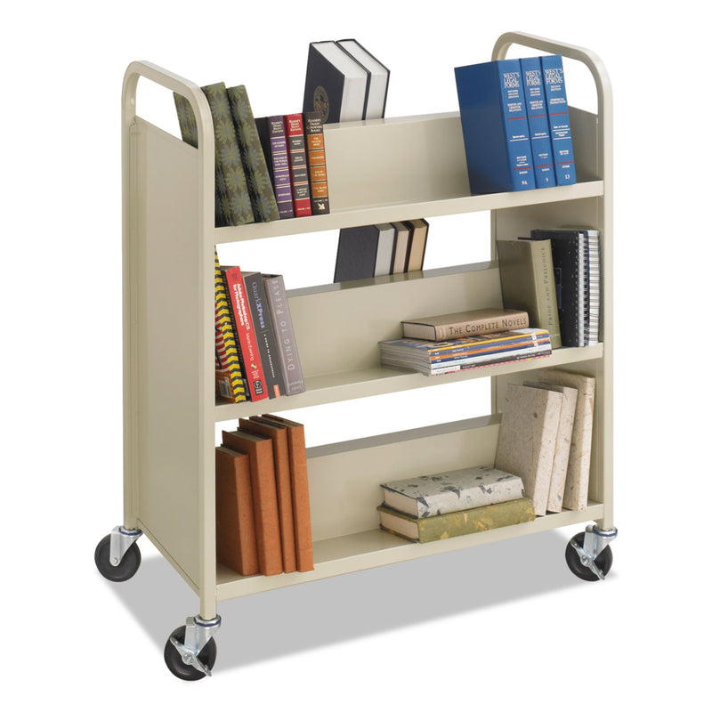 Safco Steel Double-Sided Book Cart, Metal, 6 Shelves, 300 lb Capacity, 36" x 18.5" x 43.5", Sand