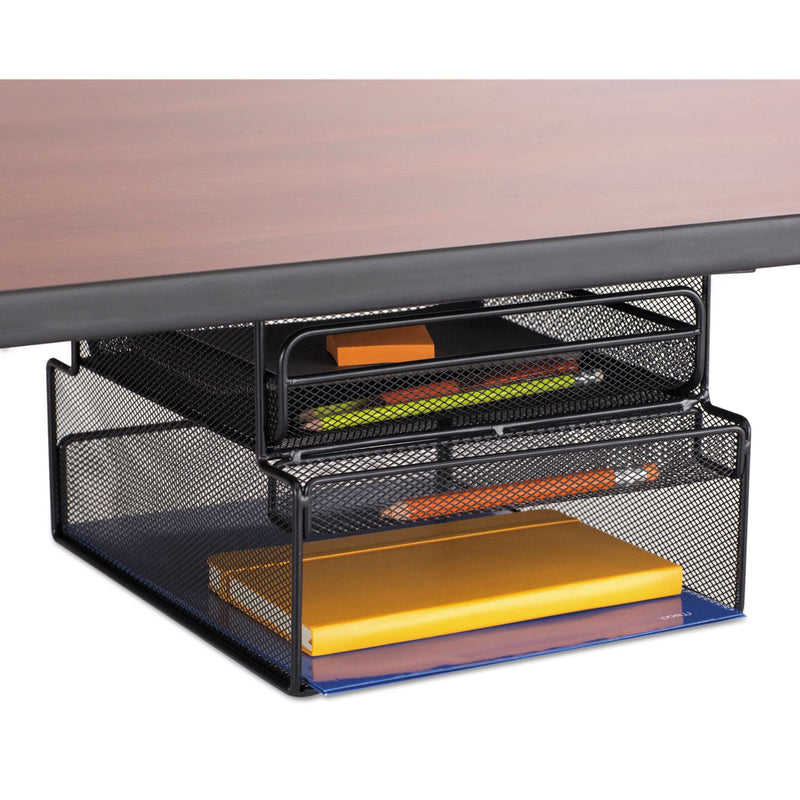 Safco Onyx Hanging Organizer with Drawer, Under Desk Mount, 3 Compartments, Steel Mesh, 12.33 x 10 x 7.25, Black