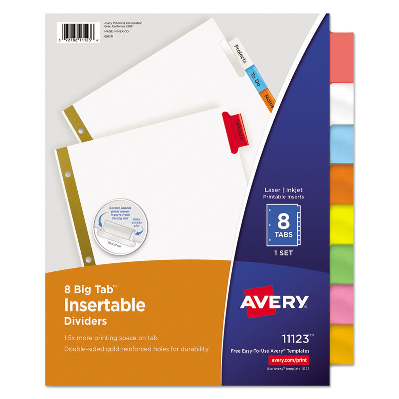 Avery Insertable Big Tab Dividers, 8-Tab, Double-Sided Gold Edge Reinforcing, 11 x 8.5, White, Assorted Tabs, 1 Set