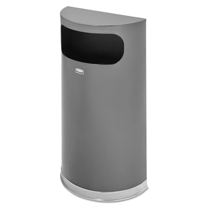 Rubbermaid Half Round Flat Top Waste Receptacle, 9 gal, Anthracite Metallic w/Chrome Trim
