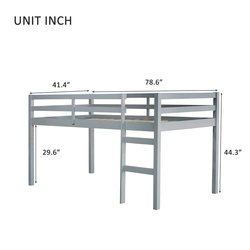Solid Wooden, Rubber Wooden Twin Loft Bed with Ladder, Bed Platform of Strengthened Slats , Grey