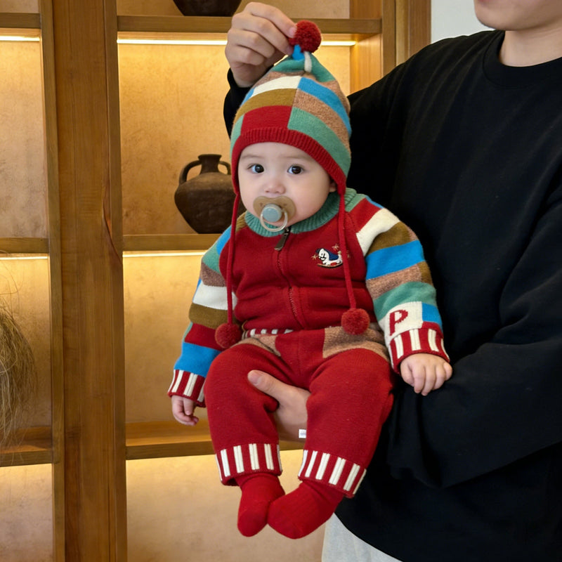 Knitted Contrasting-Color Red Sweater Pants And Hat New Year Three-Piece Set