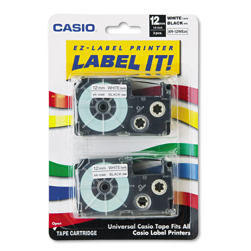 Casio Tape Cassettes for KL Label Makers, 0.5" x 26 ft, Black on White, 2/Pack