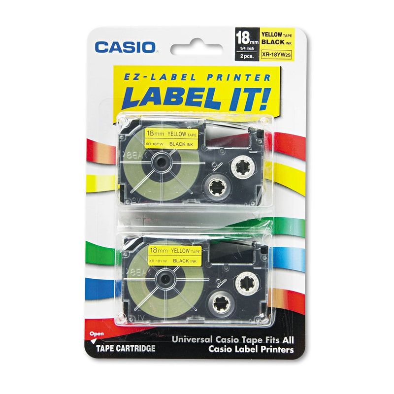 Casio Tape Cassettes for KL Label Makers, 0.75" x 26 ft, Black on Yellow, 2/Pack