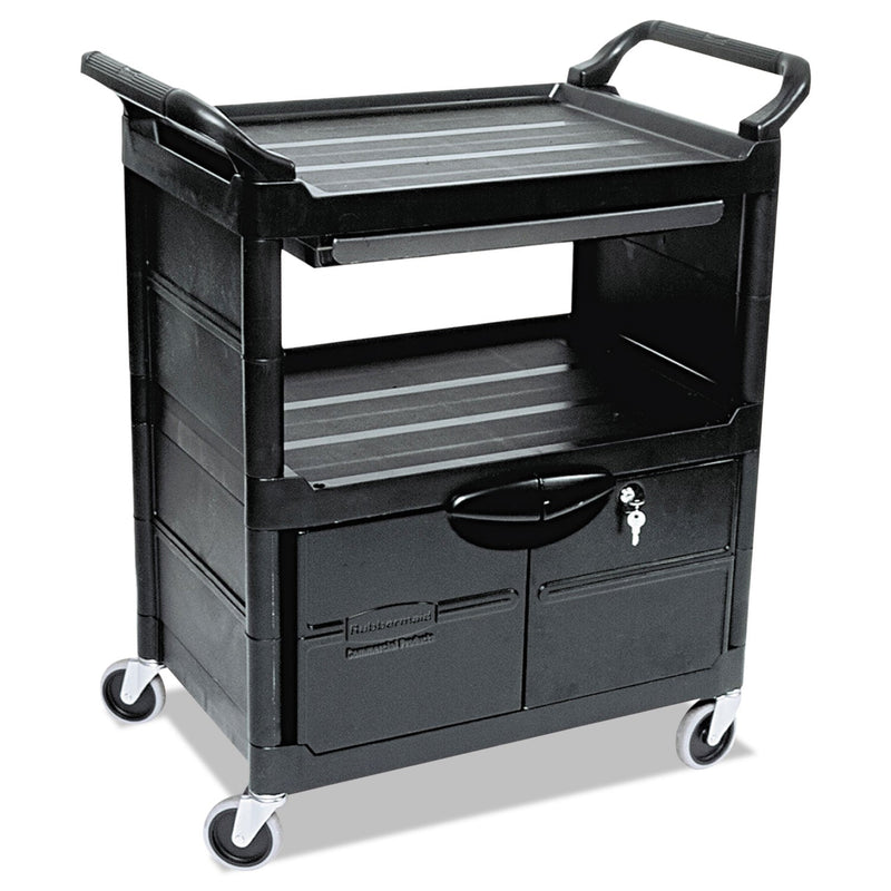 Rubbermaid Utility Cart with Locking Doors, Plastic, 3 Shelves, 200 lb Capacity, 33.63" x 18.63" x 37.75", Black