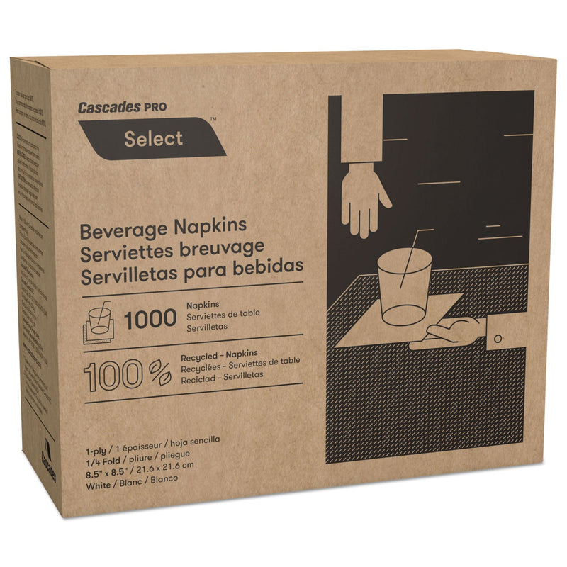 Cascades PRO Select Beverage Napkins, 1 Ply, 8.5 x 8.5, White, 1,000/Pack, 4 Packs/Carton