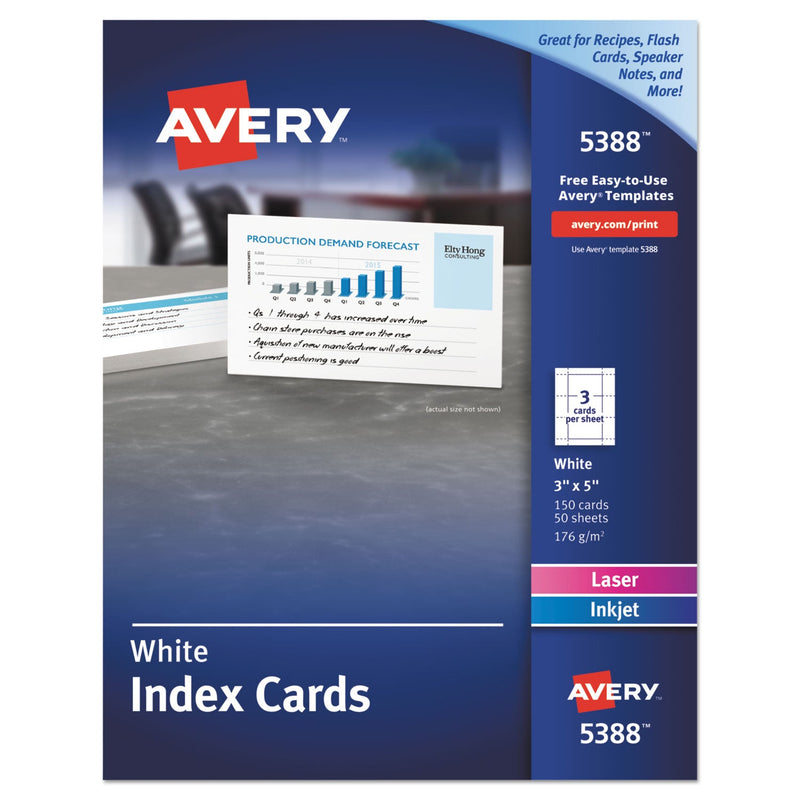 Avery Printable Index Cards with Sure Feed, Unruled, Inkjet/Laser, 3 x 5, White, 150 Cards, 3 Cards/Sheet, 50 Sheets/Box