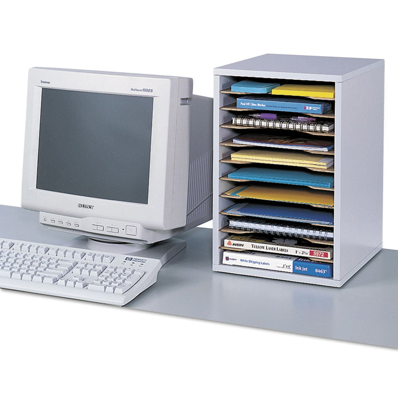 Safco Wood Vertical Desktop Sorter, 11 Compartments, 10.63 x 11.88 x 16, Medium Oak